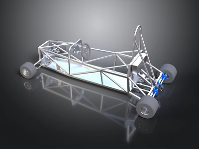 Silver Metal Race Car Chassis Frame With Four Wheels And Steering Wheel 3d model
