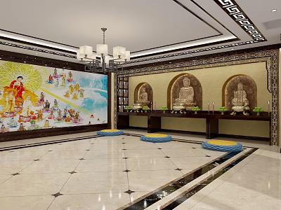 Buddhist Worship Hall Interior With Colorful Mural Buddha Statues And Altar Decorations 3d model