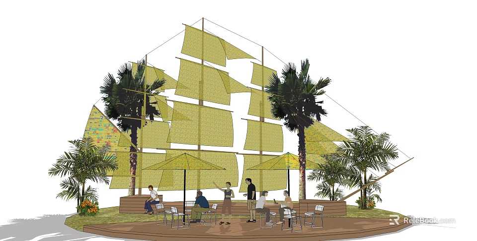 Park Landscape With Sail Shaped Canopies Palm Trees And Outdoor Seating Areas 3d model 