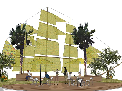 Park Landscape With Sail Shaped Canopies Palm Trees And Outdoor Seating Areas 3d model