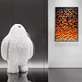 Soft White Plush Bear Shaped Pet Toy In Modern Room With Colorful Wall Art