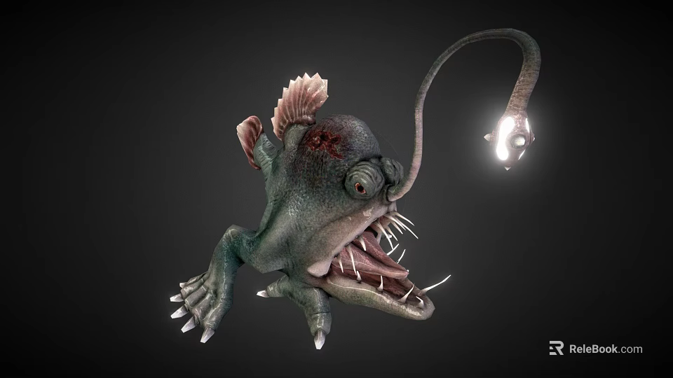 Deep Sea Creature With Bioluminescent Lure Sharp Teeth Green Body Fins And Claws 3d model 