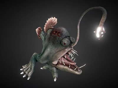 Deep Sea Creature With Bioluminescent Lure Sharp Teeth Green Body Fins And Claws 3d model