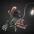 Deep Sea Creature With Bioluminescent Lure Sharp Teeth Green Body Fins And Claws