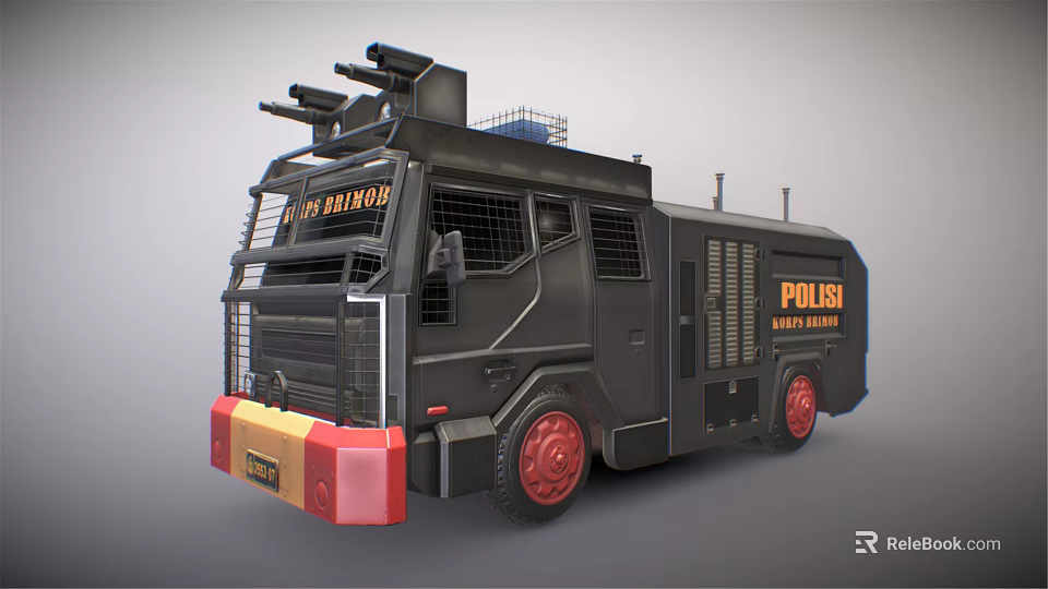 Black Police Armored Vehicle With Red Yellow Front Bumper Red Wheels And Roof Equipment 3d model 