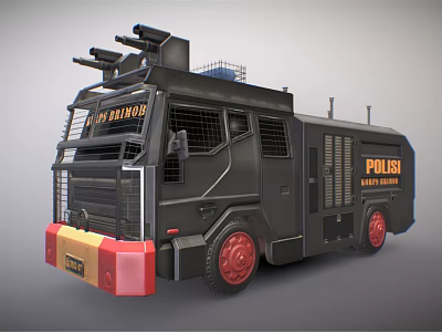 Black Police Armored Vehicle With Red Yellow Front Bumper Red Wheels And Roof Equipment 3d model