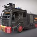 Black Police Armored Vehicle With Red Yellow Front Bumper Red Wheels And Roof Equipment