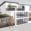 Modern Two Story Villa Exterior With Gray Roof Large Glass Windows And Balcony Terrace