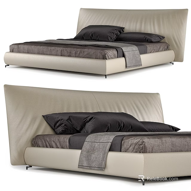 Modern Double Bed with Beige Leather Frame Black Pillows and Gray Blanket 3d model