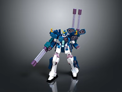 Game And Movie Robot Character With Blue White Purple Armor And Arm Cannons 3d model