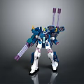 Game And Movie Robot Character With Blue White Purple Armor And Arm Cannons