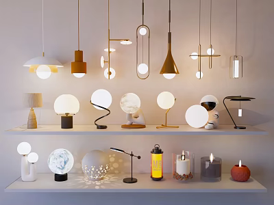 Modern Lighting Combination Featuring Pendant Lights Table Lamps And Various Designs On Shelves 3d model