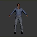 Man wearing blue shirt and jeans with black shoes stands arms outstretched against grey background