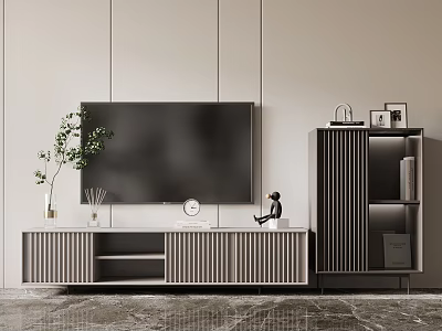 Modern TV Stand With Storage Cabinet Green Plant And Decorative Items On Marble Floor 3d model