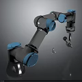 Industrial Robotic Arm With Blue Joints Grabbing Screw And Mechanical Parts