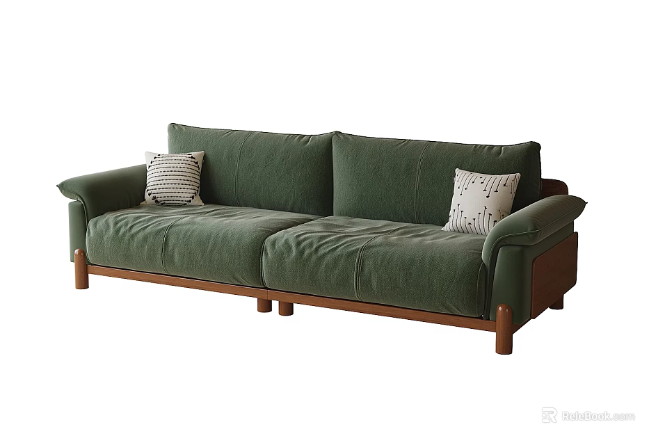 Modern Green Fabric Double Sofa With Wooden Legs And Striped Accent Pillows 3d model 