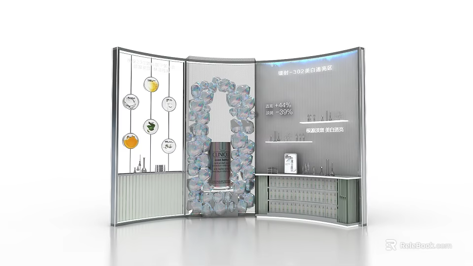 Modern Exhibition Booth Design With Curved Glass Panels And Product Displays 3d model 