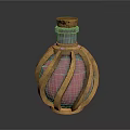 Ornate Glass Bottle With Golden Metal Frame Red Decorative Patterns And Cork Stopper