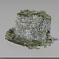 Old Broken Gray Brick Wall Ruins With Naturally Growing Moss And Scattered Stones