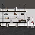 Modern Open Design Glass Bookshelf With Statues Books And Decorations In Bright Room