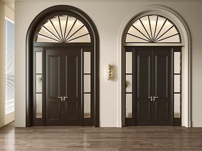 Dark Brown Double Doors With Arched Top Windows And Wall Sconce In Wooden Flooring Interior 3d model