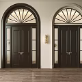 Dark Brown Double Doors With Arched Top Windows And Wall Sconce In Wooden Flooring Interior