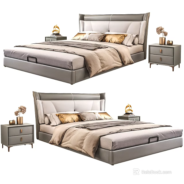 Modern Double Bed With Upholstered Headboard Pillows Nightstands And Decorative Items 3d model