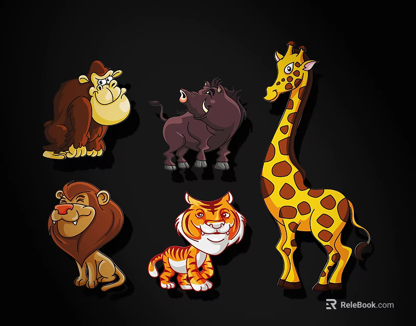 Cute Cartoon Animal Wall Decor Featuring Lion Tiger Giraffe Gorilla and Warthog 3d model 