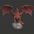 Detailed Mythical Red Dragon Statue With Extended Wings On Cracked Stone
