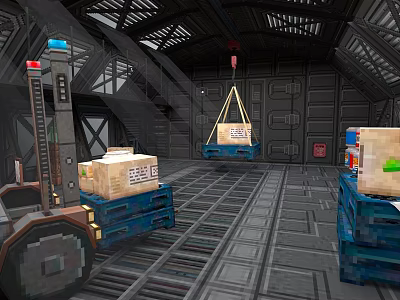 Cartoon Industrial Warehouse Scene With Forklift Boxes On Pallets And Overhead Crane 3d model