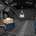Cartoon Industrial Warehouse Scene With Forklift Boxes On Pallets And Overhead Crane