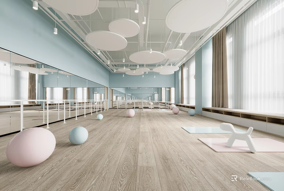 Spacious Fitness Studio With Yoga Mats And Exercise Balls 3d model 