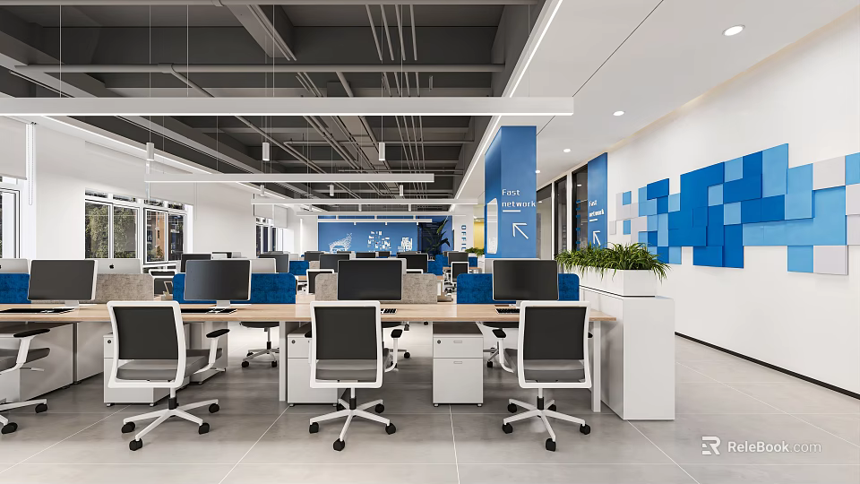 Modern Public Office Space With Open Workstations Computers Blue Wall Decor And Green Plants 3d model 