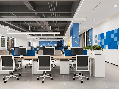 Modern Public Office Space With Open Workstations Computers Blue Wall Decor And Green Plants 3d model