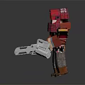 Pixelated Red Game Character In Helmet And Outfit With BOSS Logo Holding Silver Weapon