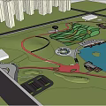 Urban Park Landscape with Lake Pink Flowers Walking Paths and Trees Near Tall Buildings