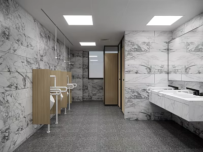 Modern Public Restroom Interior With Marble Walls Sinks Mirrors And Wooden Stalls 3d model