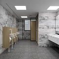 Modern Public Restroom Interior With Marble Walls Sinks Mirrors And Wooden Stalls