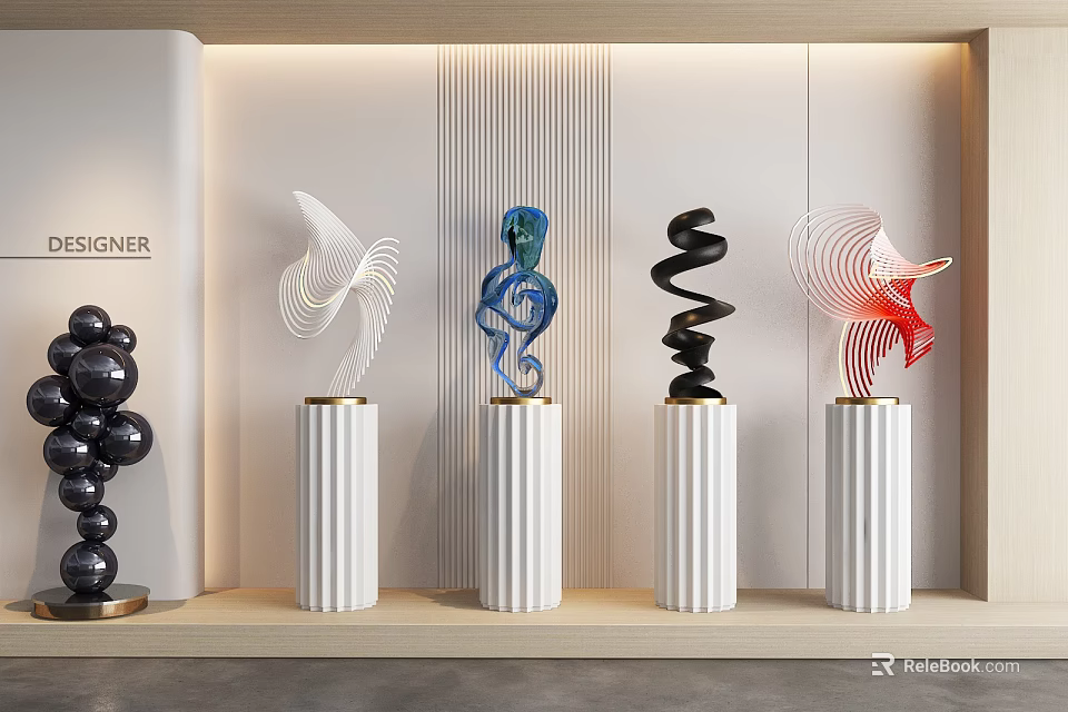 Designer Decorative Ornament Set With White Column Bases Various Shapes Colorful Sculptures And Black Spheres 3d model 