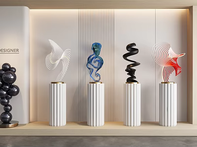 Designer Decorative Ornament Set With White Column Bases Various Shapes Colorful Sculptures And Black Spheres 3d model