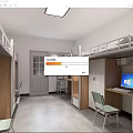 School Dormitory Room With Bunk Beds Desks Cabinets Computer And Windows 3d model