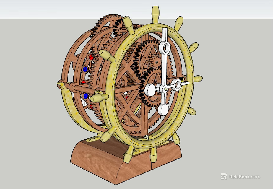 Vintage Mechanical Decorative Ornament Set With Gears Steering Wheel And Wooden Base 3d model 