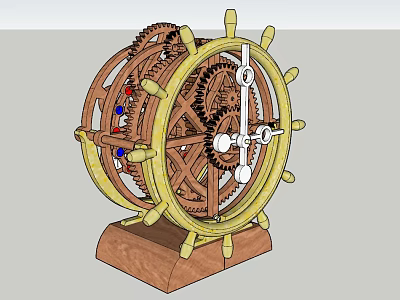 Vintage Mechanical Decorative Ornament Set With Gears Steering Wheel And Wooden Base 3d model