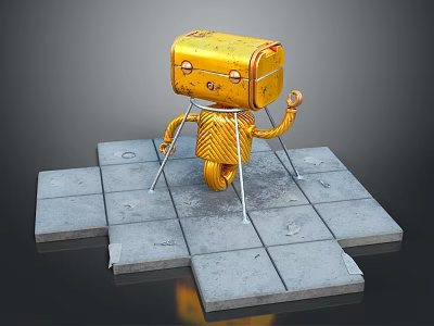 Vintage Yellow Robot With Suitcase Head Metal Body Mechanical Arms Legs On Gray Square Tiles 3d model