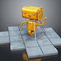 Vintage Yellow Robot With Suitcase Head Metal Body Mechanical Arms Legs On Gray Square Tiles
