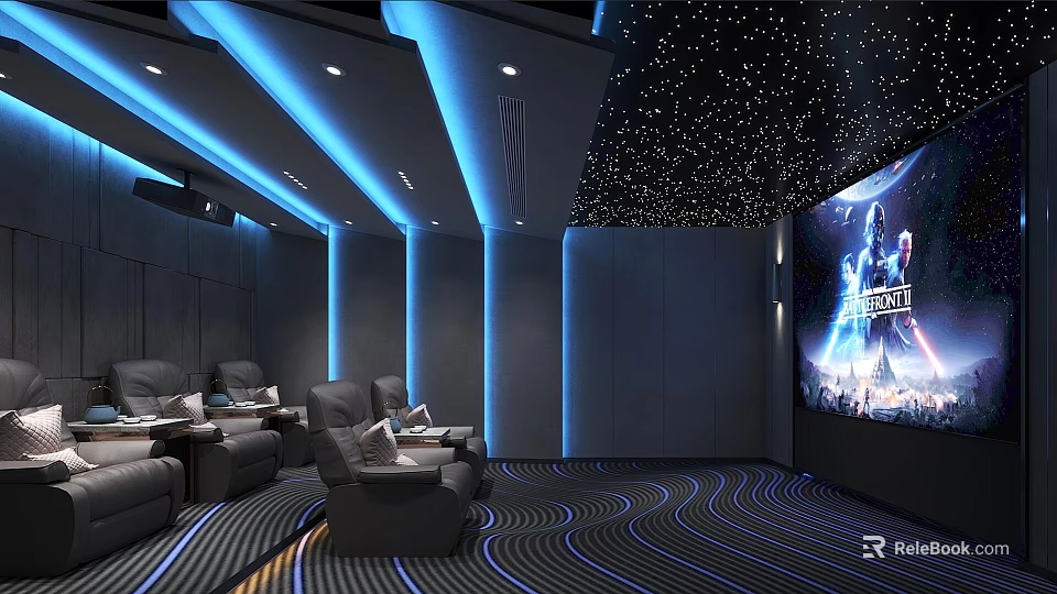 Modern Home Theater Interior With Starry Sky Ceiling Blue Ambient Lighting And Comfortable Leather Seats 3d model 