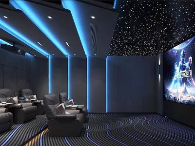 Modern Home Theater Interior With Starry Sky Ceiling Blue Ambient Lighting And Comfortable Leather Seats 3d model