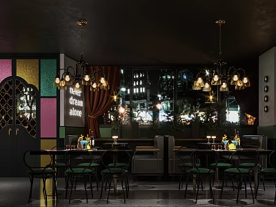 Elegant Restaurant Interior With Colorful Stained Glass Brass Chandeliers And City Night View 3d model