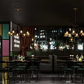 Elegant Restaurant Interior With Colorful Stained Glass Brass Chandeliers And City Night View