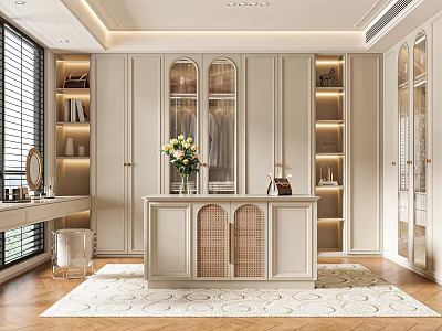 Modern Luxury Wardrobe with Dressing Table Glass Doors Rattan Elements Open Shelves and Natural Light 3d model